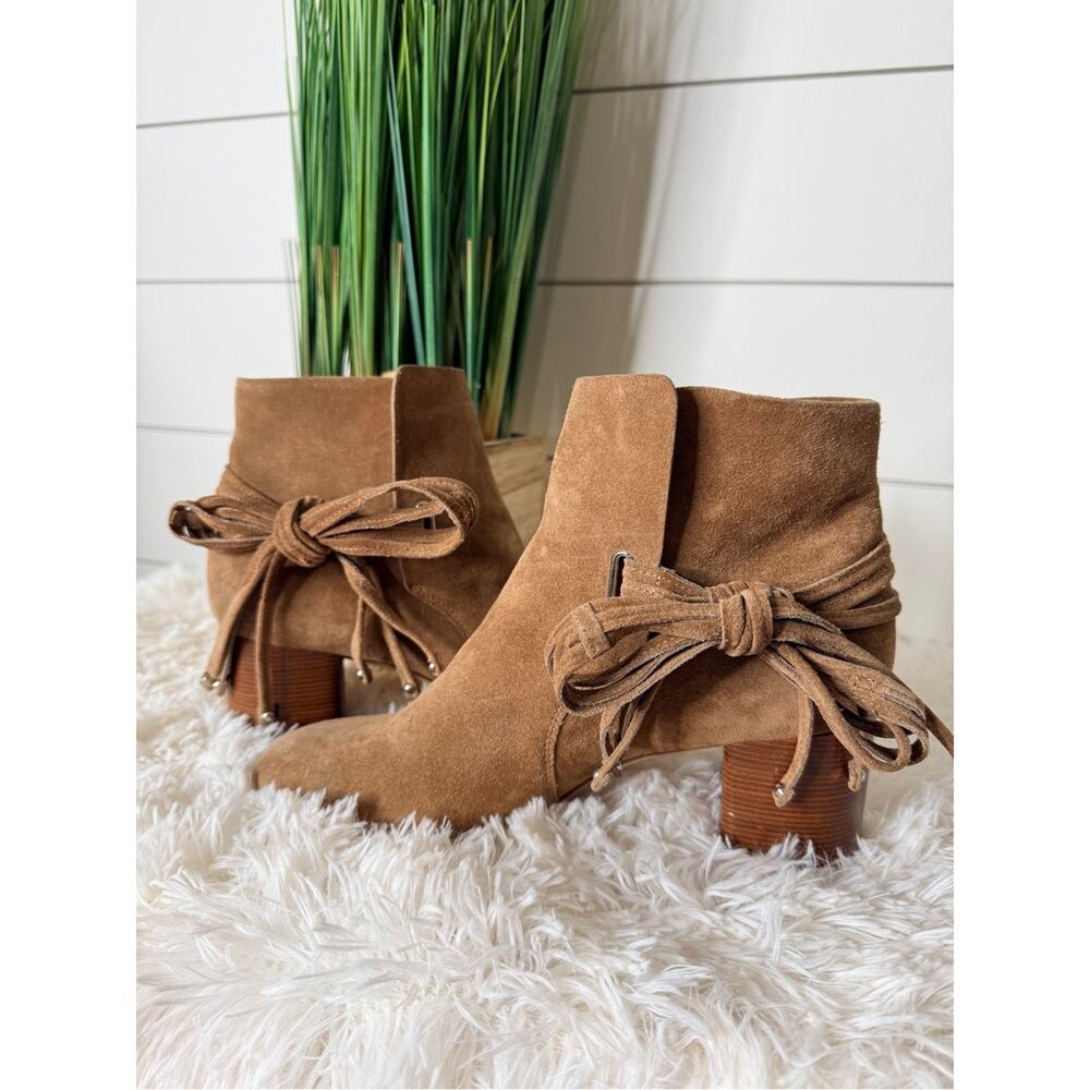 Rag & Bone Dalia II Suede Studded Tassel Tie Chunky Heel Bootie Camel Size 39 - Picture 3 of 10